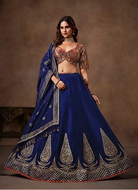 Blue Pure Banarasi Silk Embroidered Sequins Stones Work Lehenga