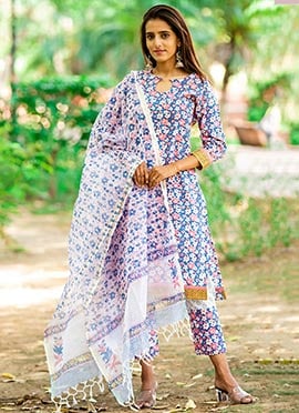 Blue Pure Cotton Printed Straight Pant Suit