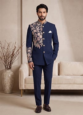 Blue Pure Lachka Embroidered Jodhpuri Suit Set