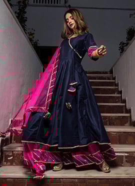 Blue Pure Silk Cotton Gota Angarkha Style Anarkali Suit With Pink Dupatta