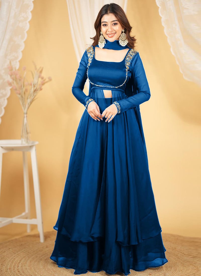 Blue Rangoli Silk Lehenga With Sequins And Zardosi Work Anarkali  Festive Wear