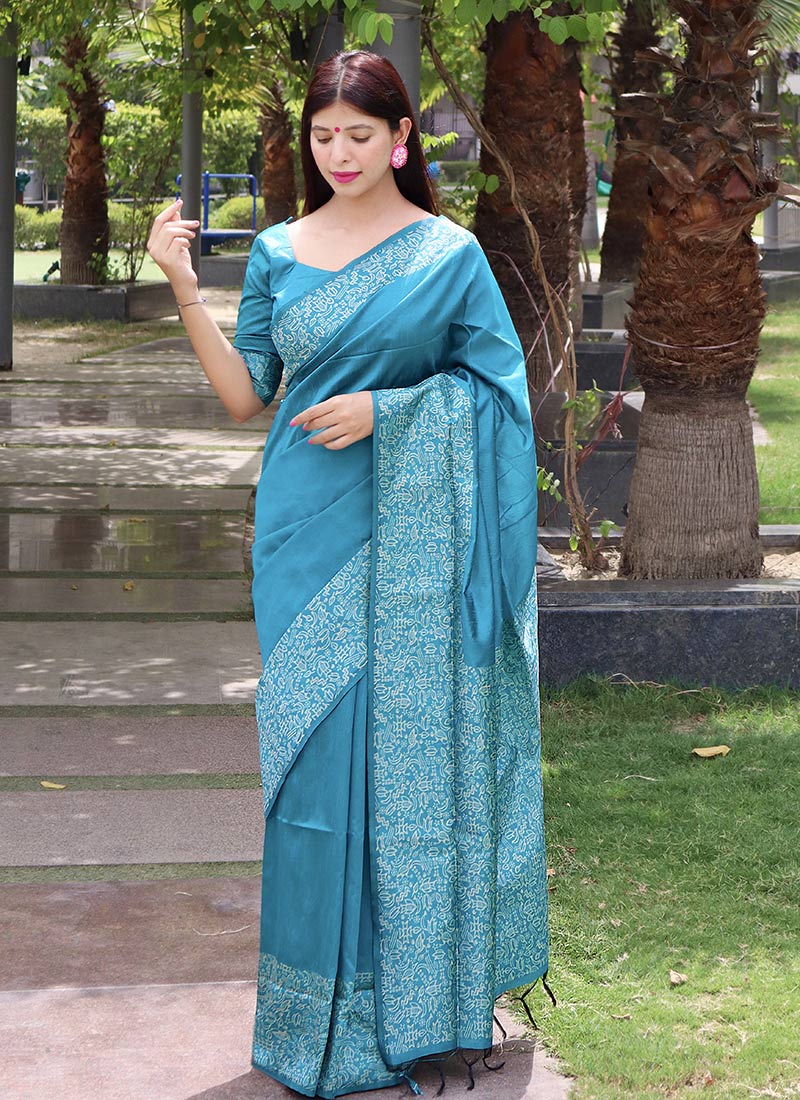 Blue Raw Silk Printed Saree Festive Wear