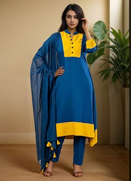 Blue Rayon A Line Straight Pant Suit