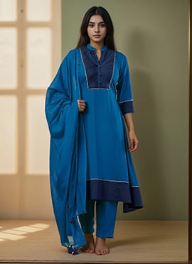 Blue Rayon A Line Straight Pant Suit