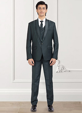 Dark Grey Rayon Beads Hand Embroidered Suit