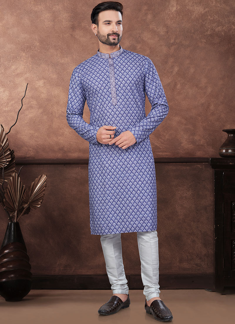 Blue Rayon Chikankari Kurta Pyjama Festive Wear
