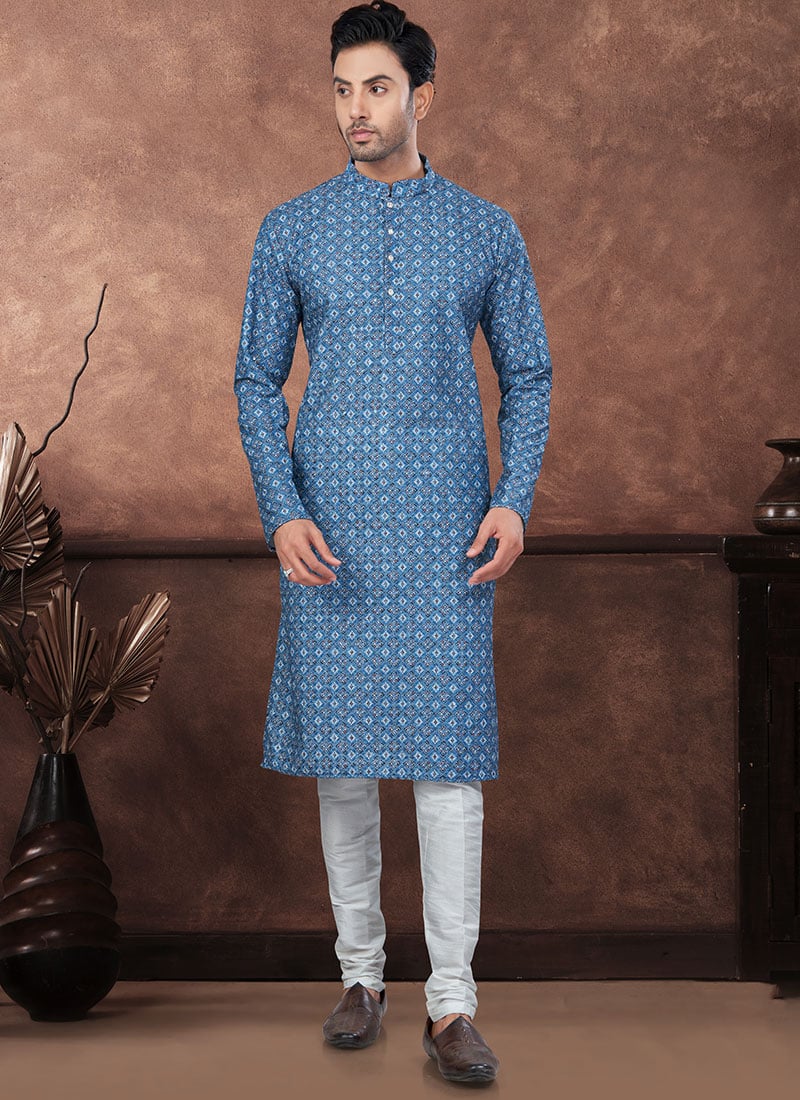 Blue Rayon Chikankari Kurta Pyjama Festive Wear