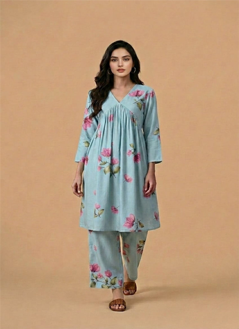 Blue Rayon Cotton Floral Kurta Set After Six Wear