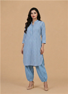Blue Rayon Cotton Printed Kurta Set