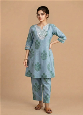 Blue Rayon Cotton Printed Kurta Set