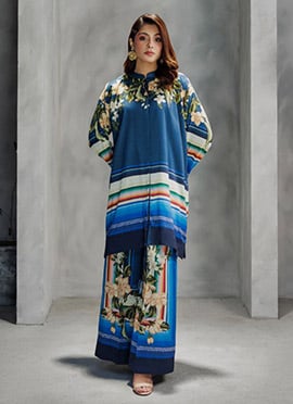 Blue Rayon Digital Print Indowestern Co ord Set