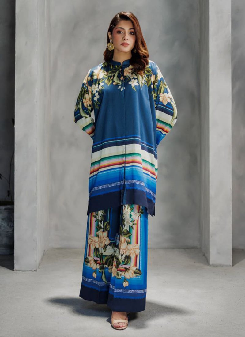 Blue Rayon Digital Print Indowestern Co ord Set After Six Wear