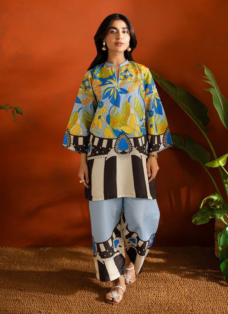 Blue Rayon Digital Print Indowestern Co ord Set After Six Wear