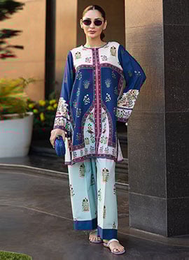 Blue Rayon Digital Print Indowestern Co ord Set