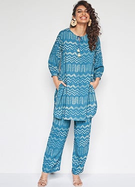 Blue Rayon Digital Print Indowestern Co ord Sets