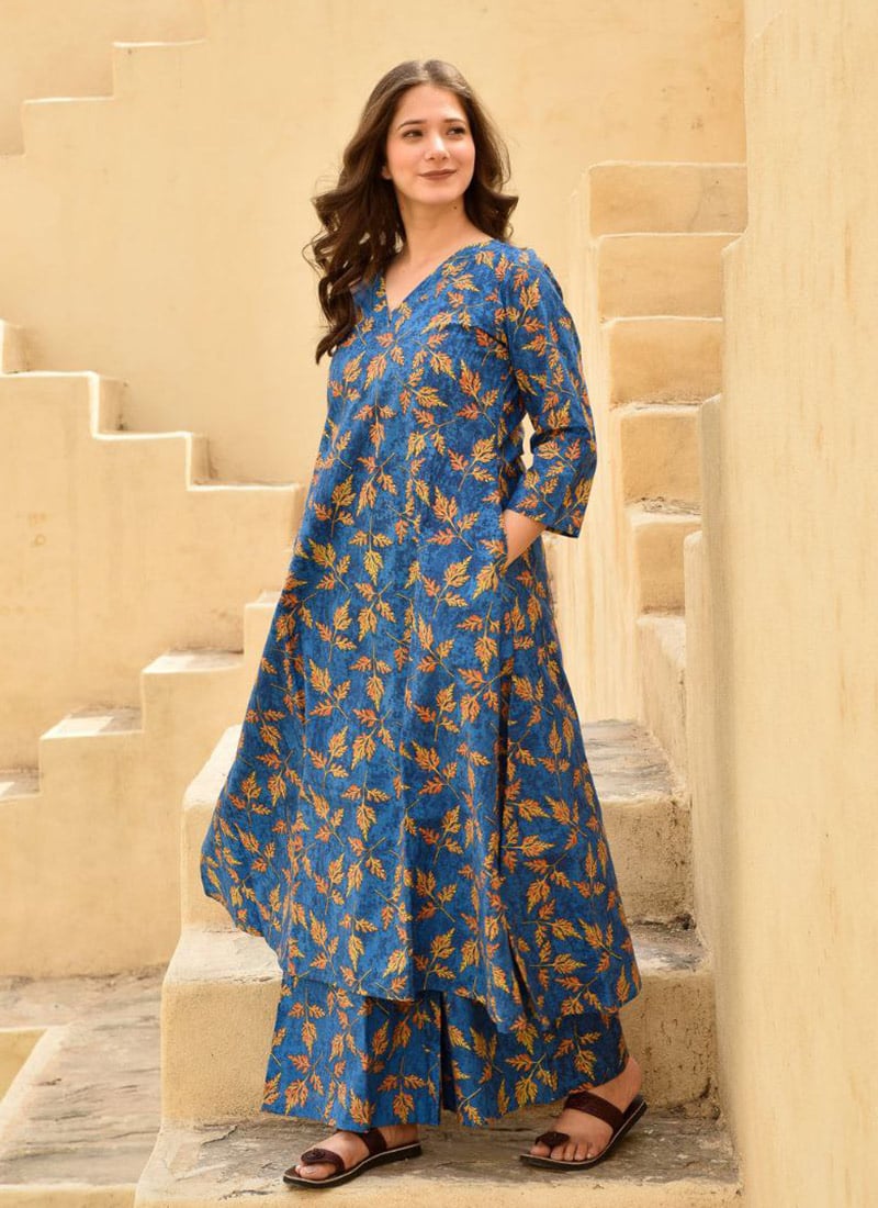 Blue Rayon Digital Print Indowestern Co ord Sets After Six Wear