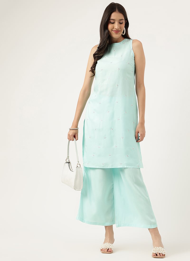 Blue Rayon Embroidered Butti Kurta Palazzo Set