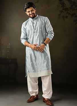 Blue Rayon Embroidered Kurta Pyjama For Men