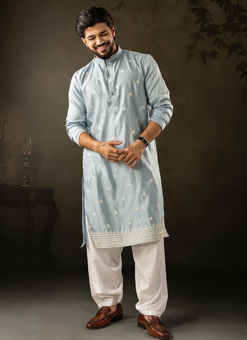 Blue Rayon Embroidered Kurta Pyjama For Men Festive Wear