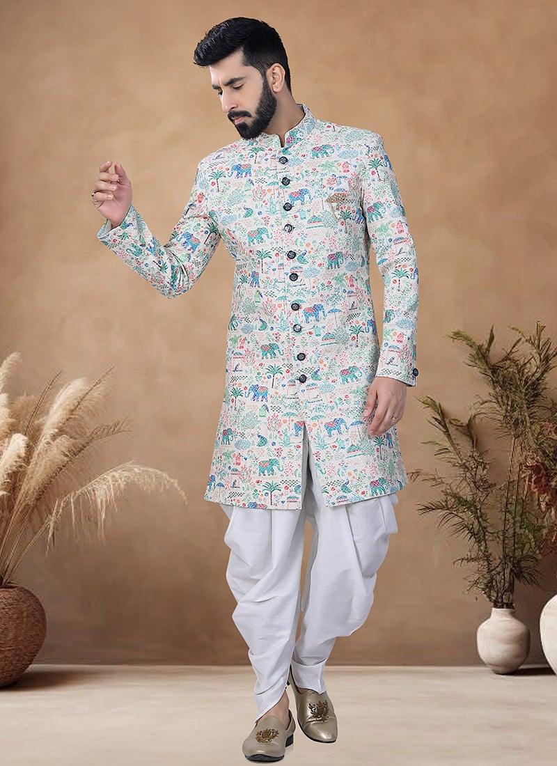 Blue Rayon Embroidered Sequins Indowestern Sherwani