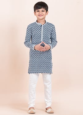 Blue Rayon Embroidered Sequins Kids Boys Kurta Pyjama