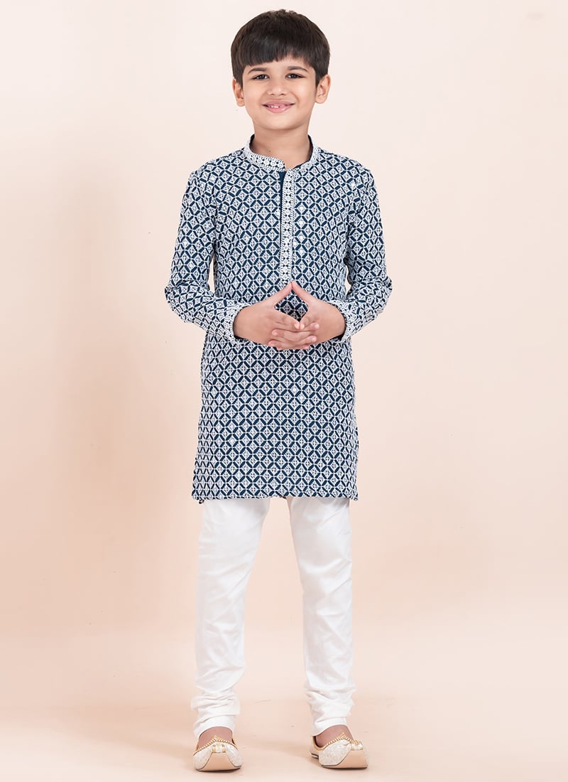 Blue Rayon Embroidered Sequins Kids Boys Kurta Pyjama