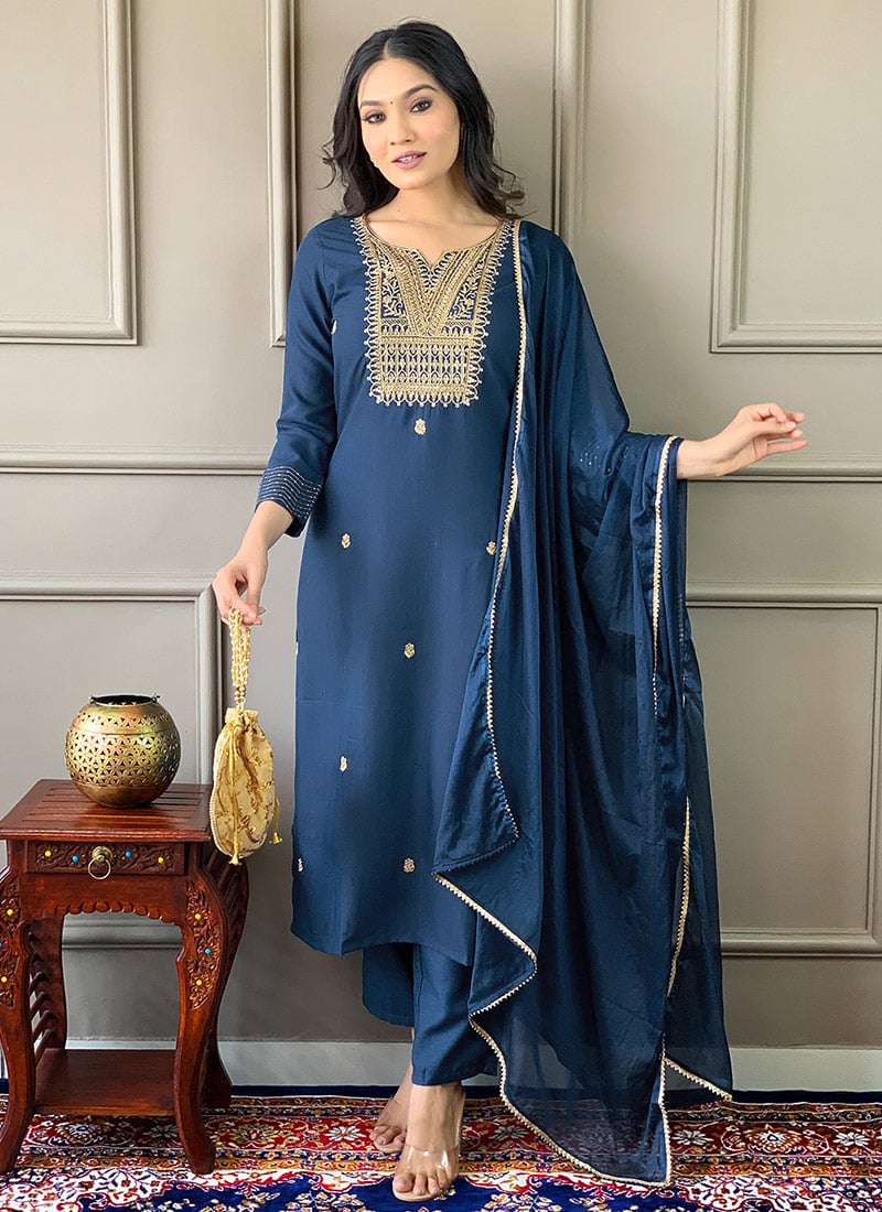 Blue Rayon Embroidered Straight Pant Suit For Traditional Look After Six Wear