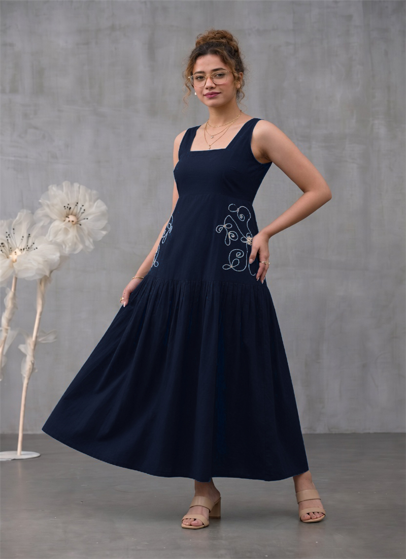 Blue Rayon Embroidered Tiered Dress After Six Wear