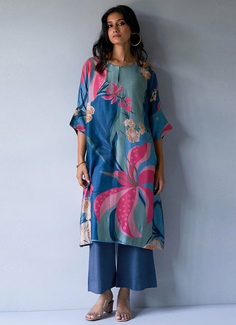 Blue Rayon Floral Digital Print Kurta Palazzo Set After Six Wear
