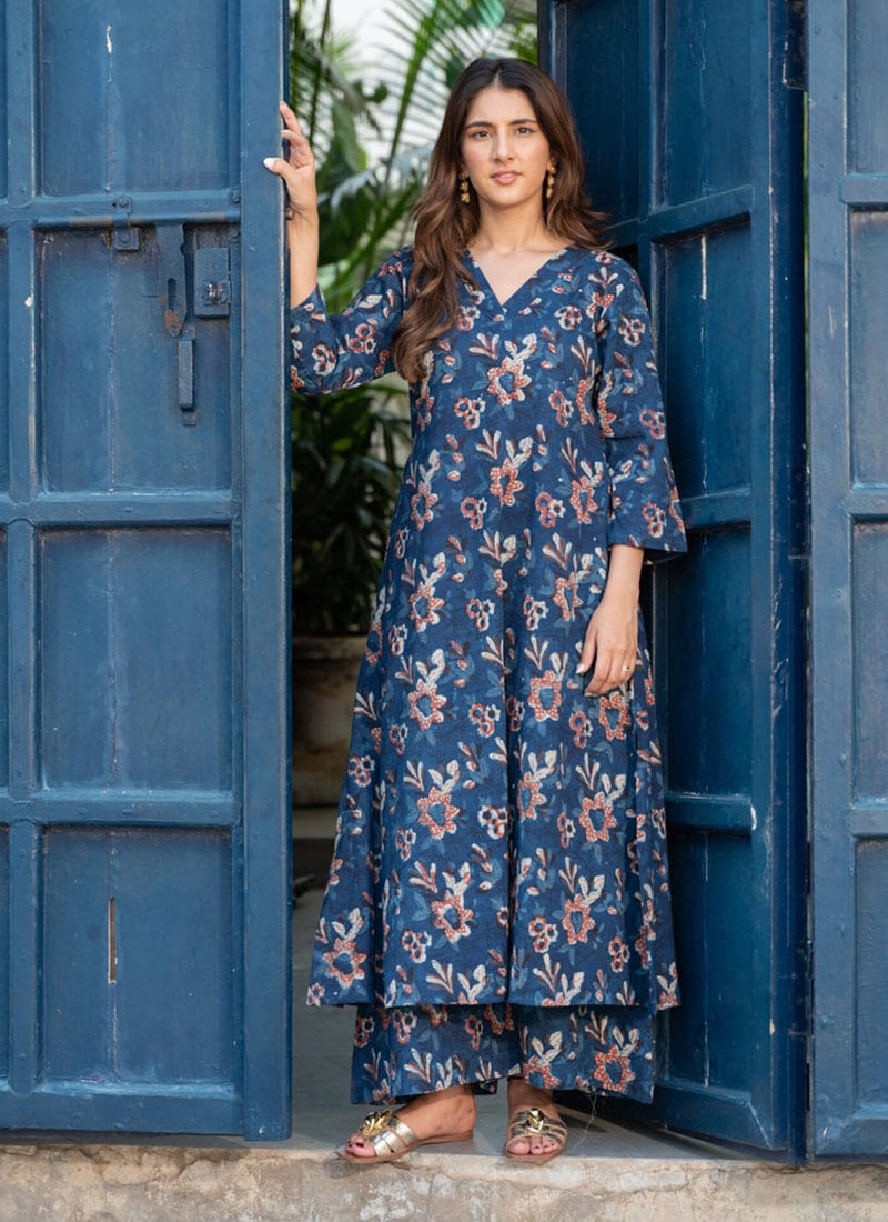 Blue Rayon Floral Digital Print Kurta Palazzo Set After Six Wear