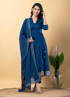 Blue Rayon Gota Lace Work Anarkali Suit