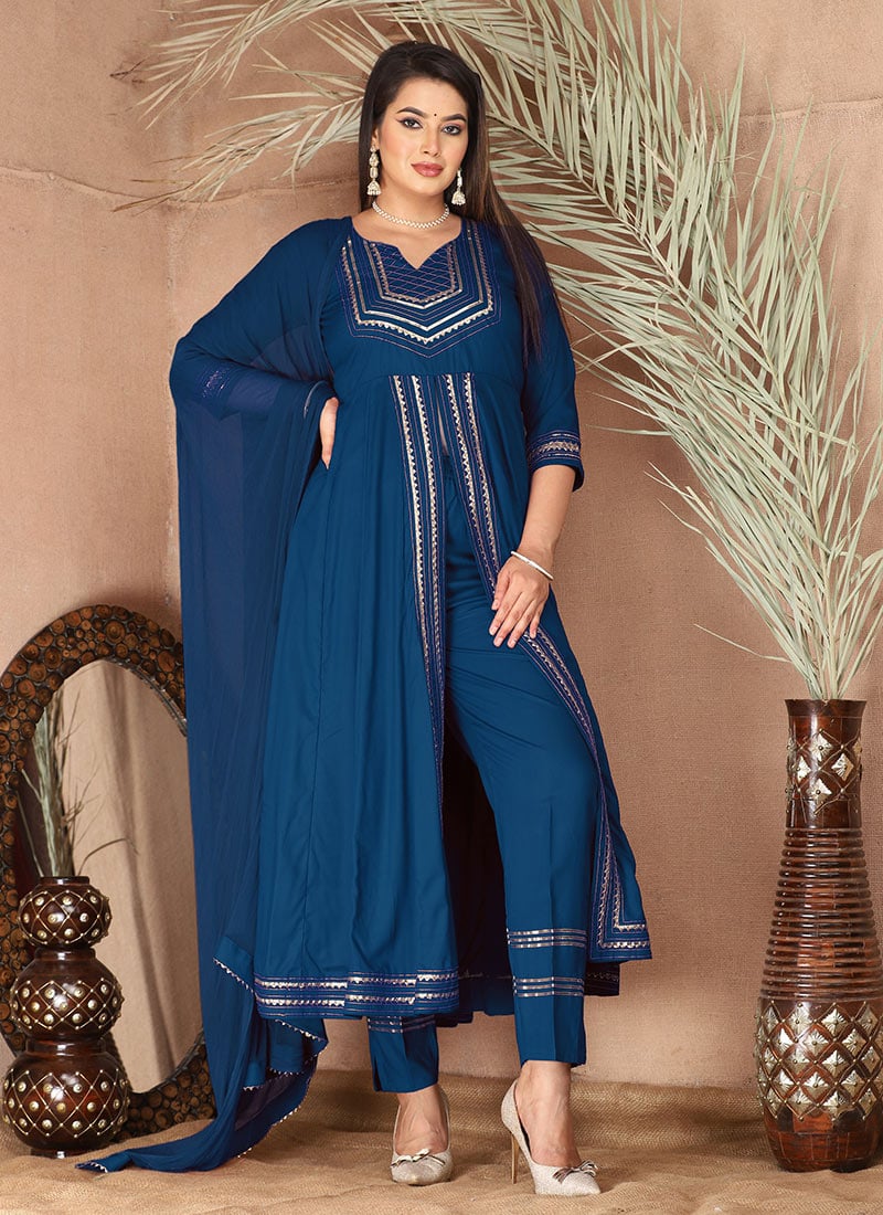 Blue Rayon Gota Patti Thread Anarkali Suit After Six Wear