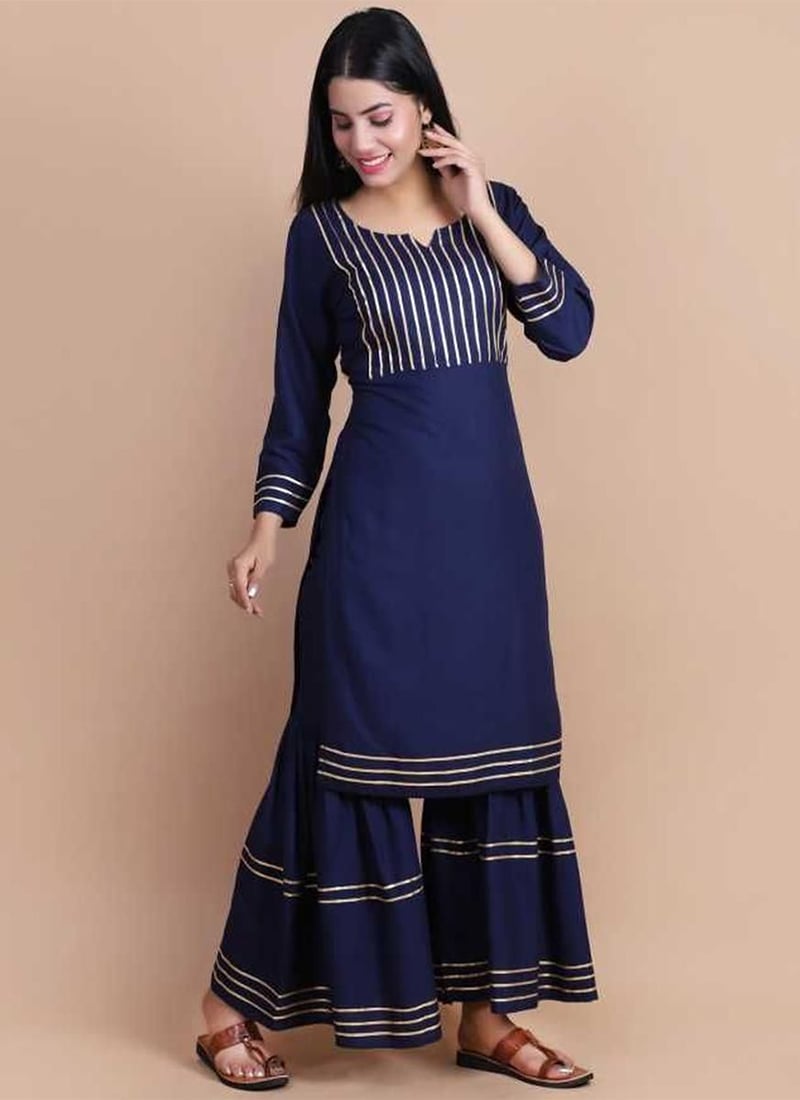 Blue Rayon Knee Length Kurti Work Wear