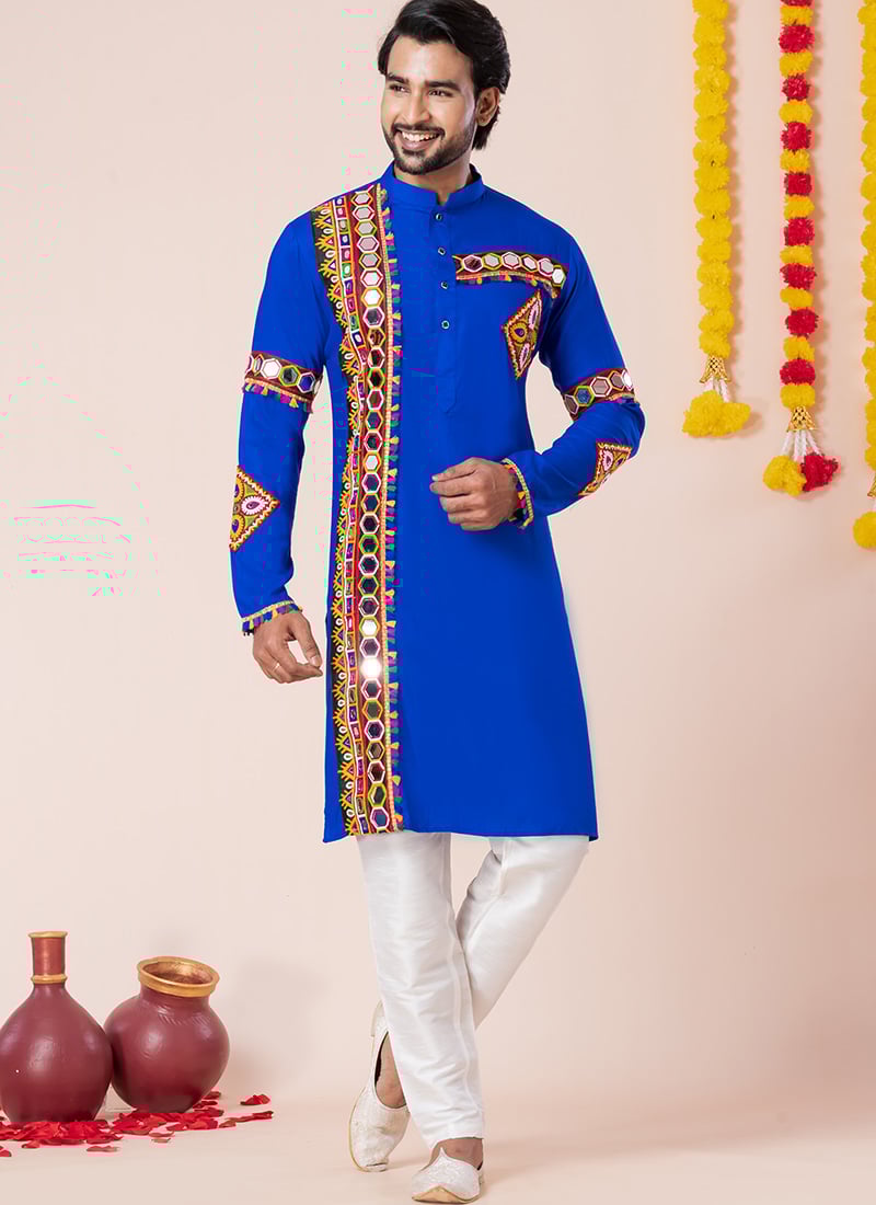 Blue Rayon Kutch Work Kurta Pyjama Festive Wear