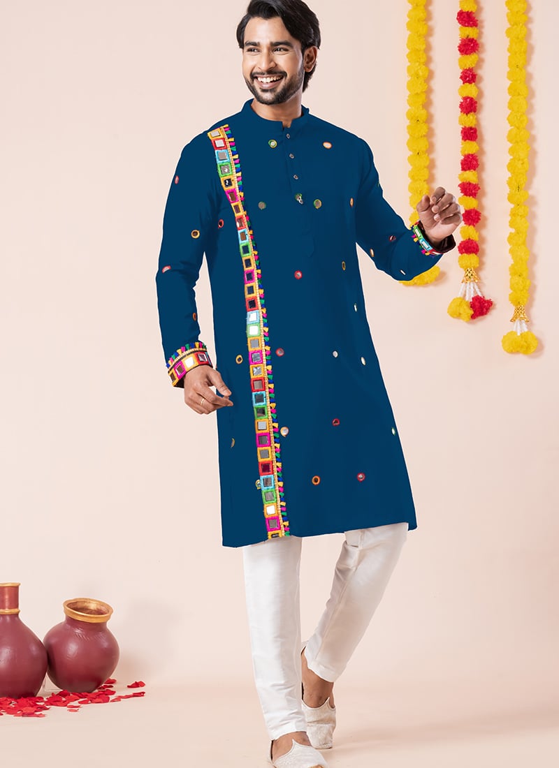 Blue Rayon Kutch Work Kurta Pyjama Festive Wear