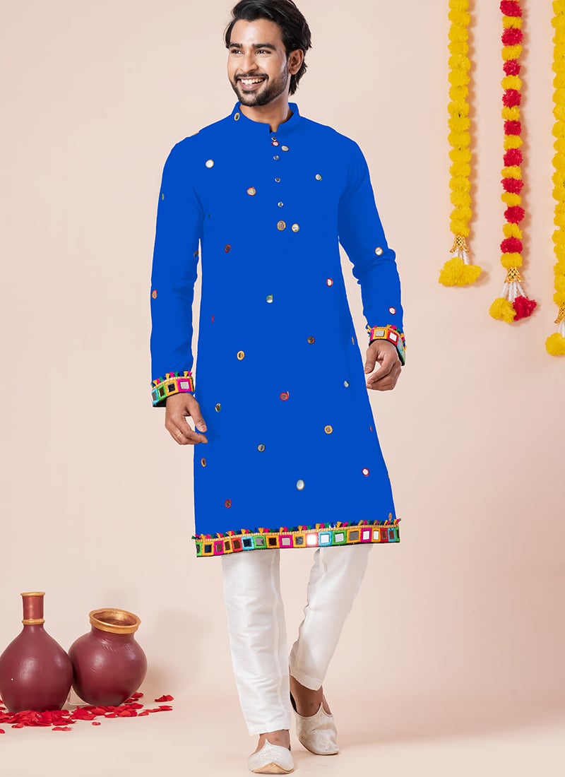 Blue Rayon Kutch Work Kurta Pyjama Festive Wear