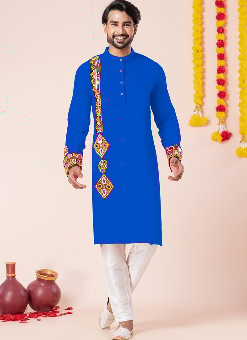 Blue Rayon Kutch Work Kurta Pyjama