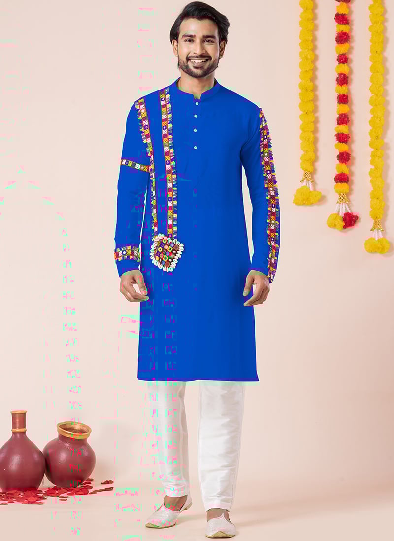Blue Rayon Kutch Work Kurta Pyjama Festive Wear