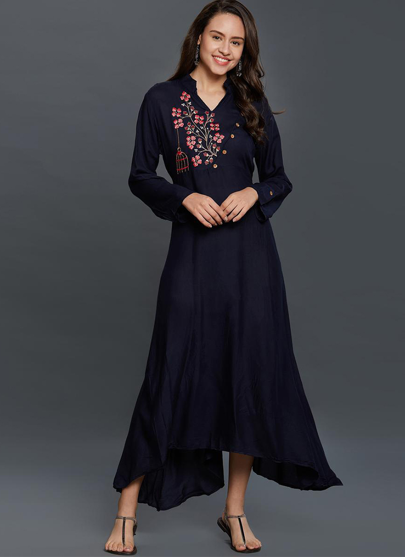 Blue Rayon Long Kurti Work Wear