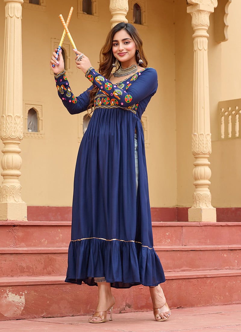 Blue Rayon Mirror Work Kutch Work Tunic After Six Wear