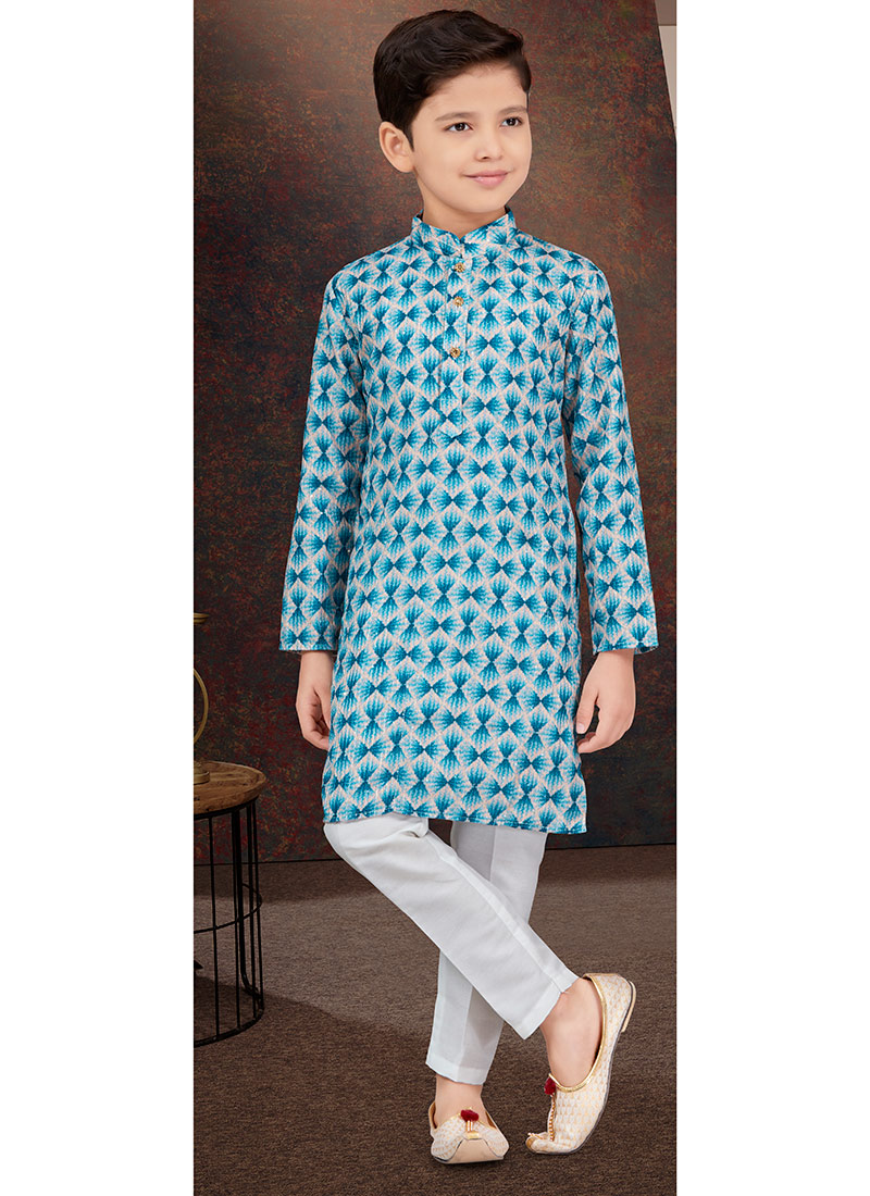 Blue Rayon Printed Embroidered Sequins Kids Boys Kurta Pyjama Festive Wear