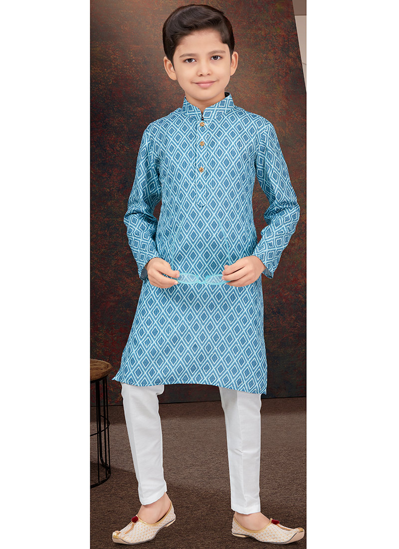 Blue Rayon Printed Embroidered Sequins Kids Boys Kurta Pyjama Festive Wear