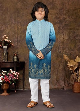 Blue Rayon Printed Embroidered Sequins Kids Boys Kurta Pyjama