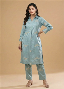 Blue Rayon Satin Embroidered Kurta Set
