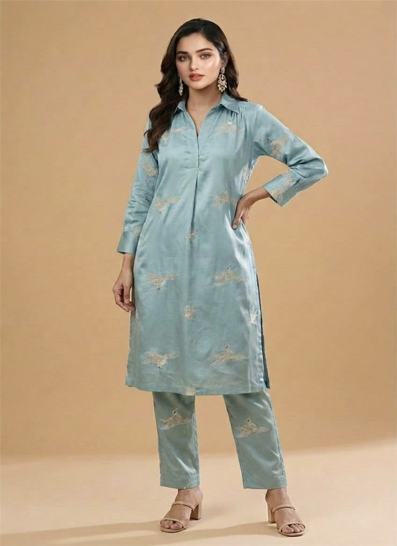 Blue Rayon Satin Embroidered Kurta Set After Six Wear