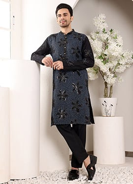 Blue Rayon Silk Embroidered Sequin Kurta For Men