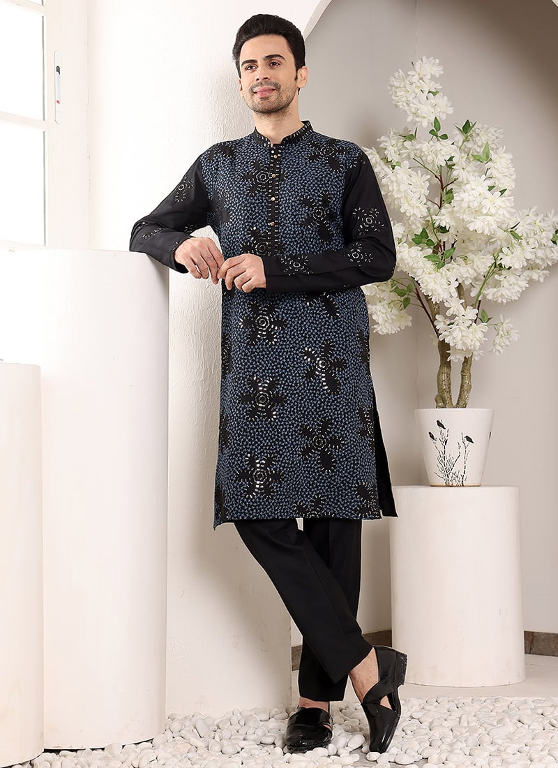 Blue Rayon Silk Embroidered Sequin Kurta For Men
