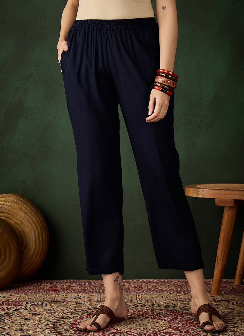 Blue Rayon Solid Straight Pant After Six Wear