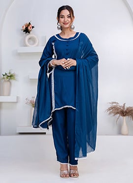 Blue Rayon Straight Pant Suit