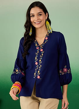 Blue Rayon Thread Work Short Top